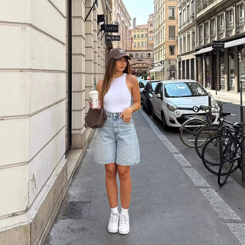 Women Solid Denim Shorts Wide Leg Jean Pants.