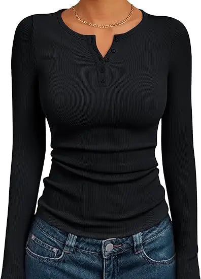 Fashionable Women's Long Sleeve Slim Fit Autumn Henry Collar T-Shirt.