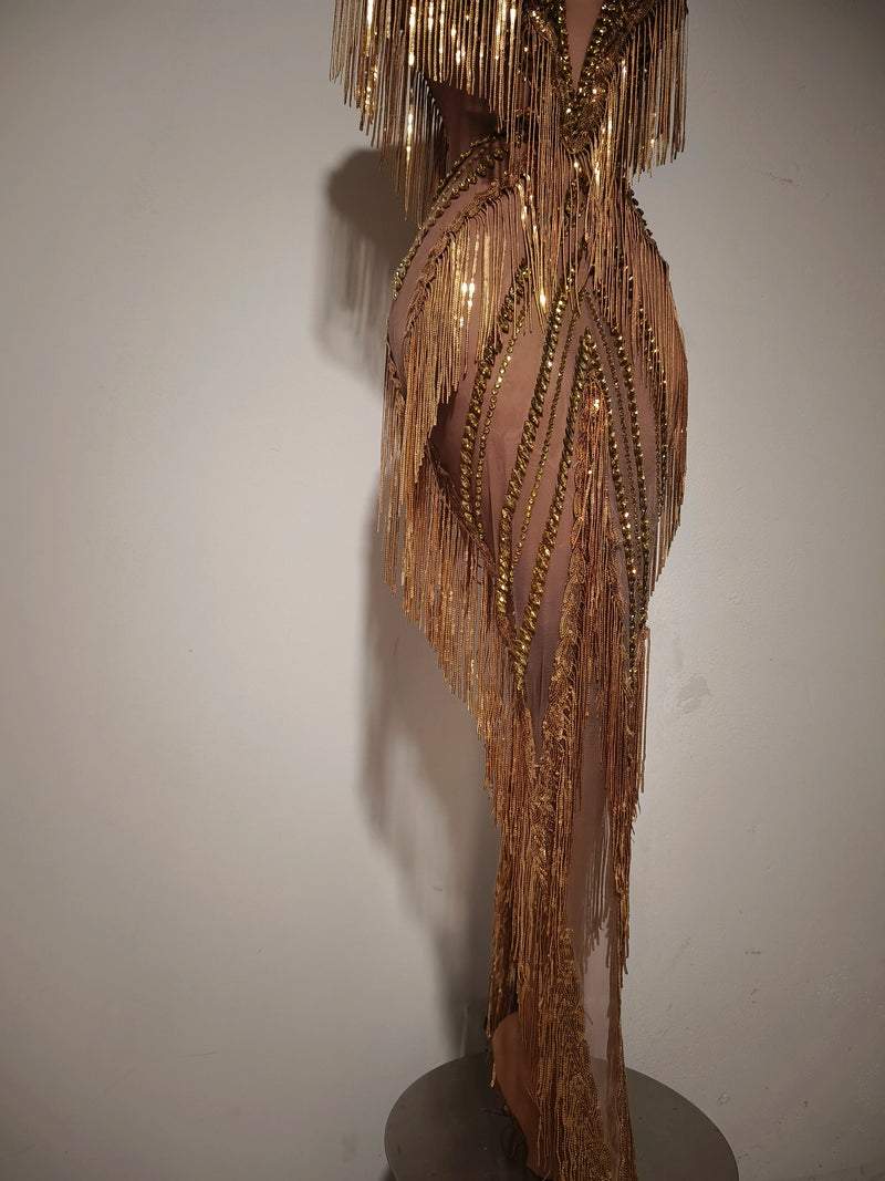 Women Sexy Mesh Sparkly Rhinestone Tassels Stretch Long Dress.