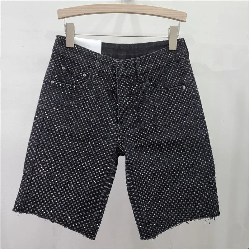 Denim Shorts Women Short Pants Diamonds High Waist.
