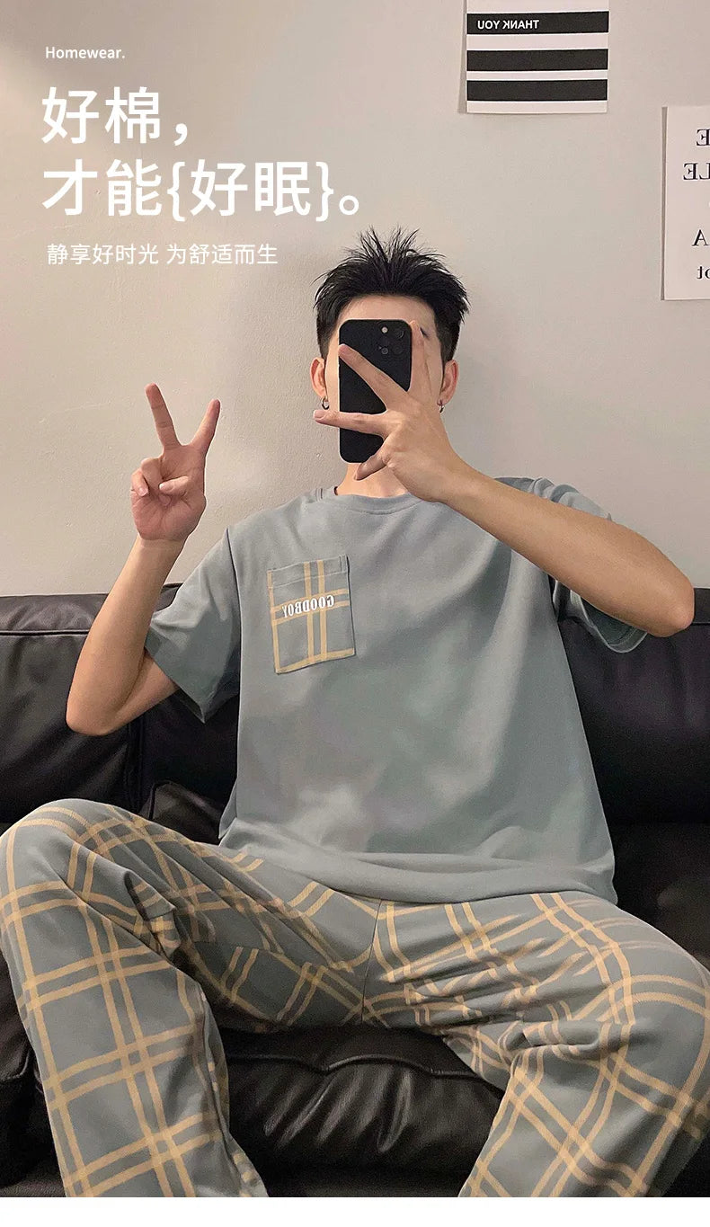 Summer Knitted Plaid Cool Mens Pyjamas Pajamas Casual Pjs Lounge Sets.