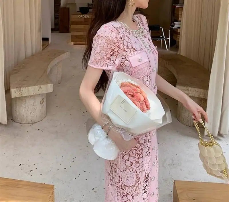 Women’s Lace Midi Dress Diamonds Bow Pink Floral Crystal Short Sleeve.