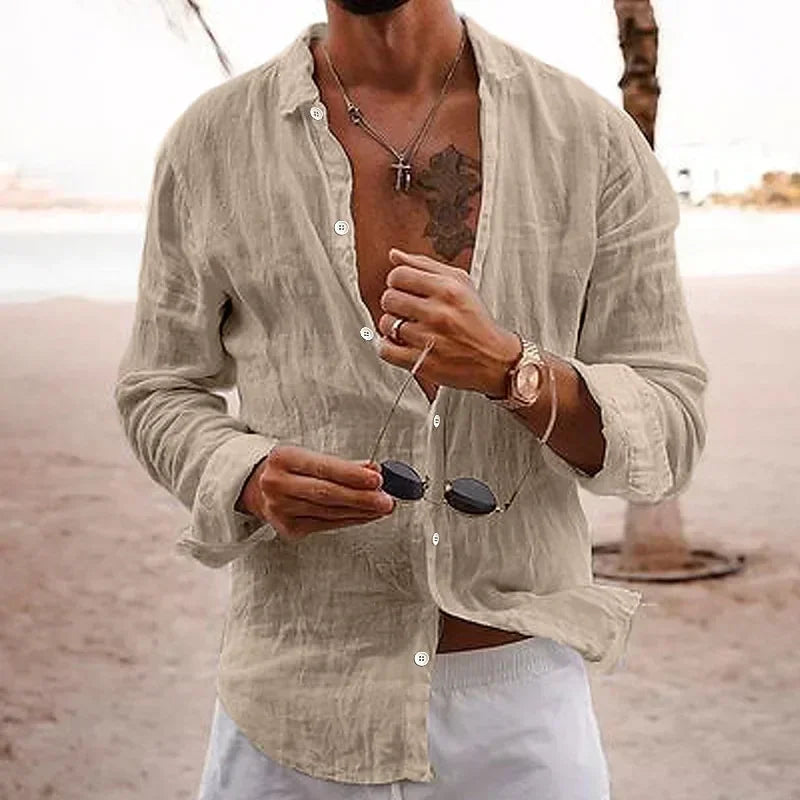 Men's Cotton Linen Shirts Top Simple Laple Solid  Man Shirts Tops Comfortable.