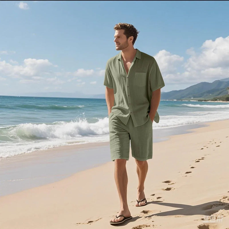 Summer Men's suit is a linen shirt short-sleeved and two-piece shorts set.