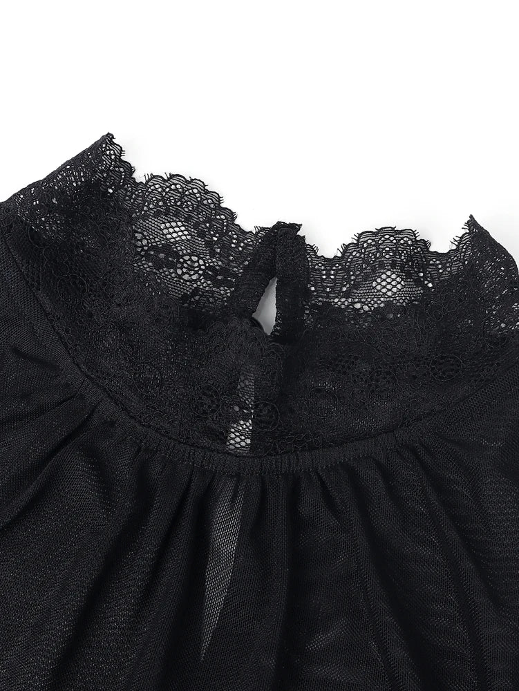 Women's Spring/Fall Arrival Elegant Lace-Panel Cutout Bell-Sleeve Tie-Waist.