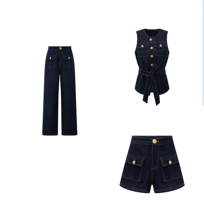 American dark blue high waist denim shorts suit women's.