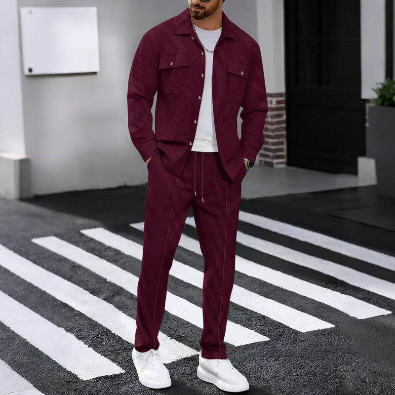 Men's solidcolor waffle longsleeved pants set high quality fashionable comfortable.