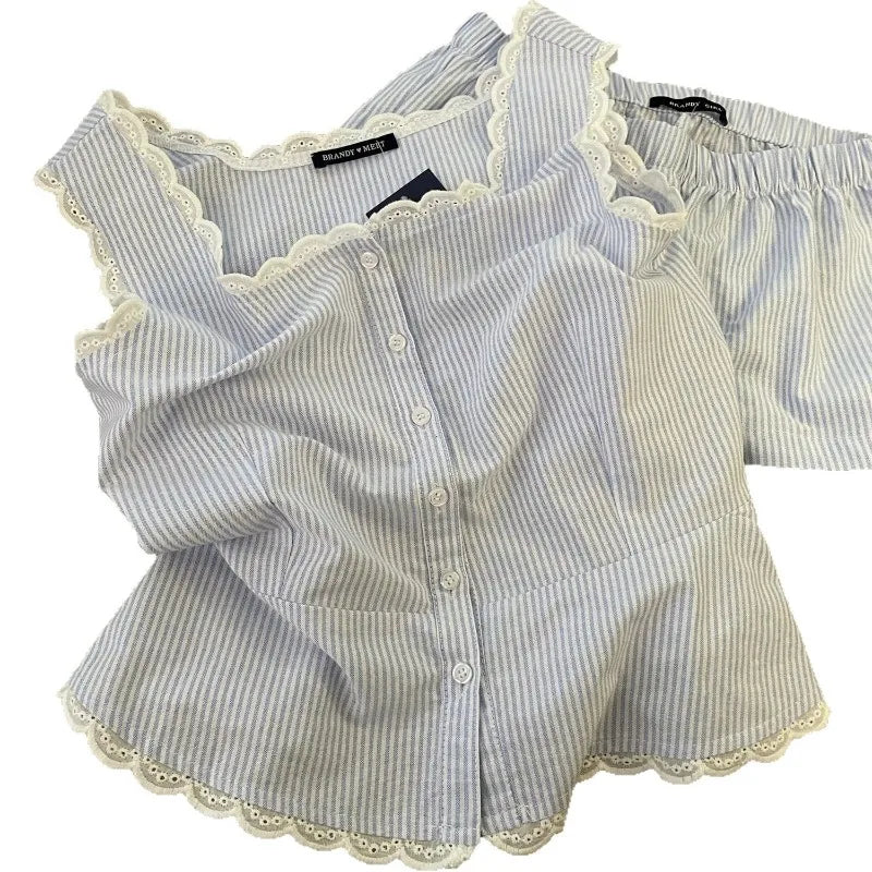Striped Women Pajamas Summer Sleepwear Sleeveless Shorts Sets 2 Pieces.