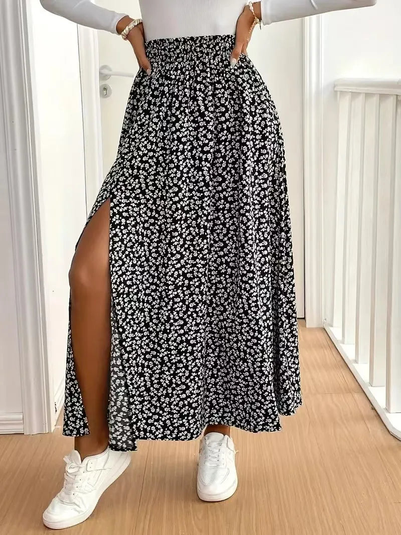 Autumn Floral Half length Skirt with Split A-line Hip Wrap and Middle Waist Skirt.