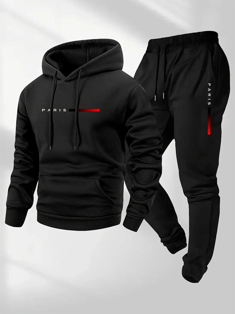 Print Sweatshirt Suit Men's Fleece Hoodie Pants Set Spring Autumn Winter.