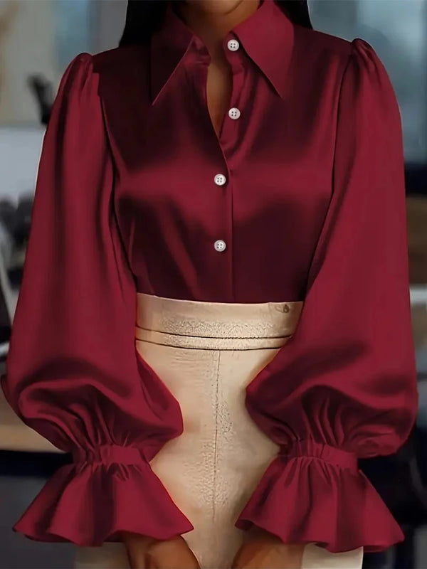 Elegant Satin Blouse with Ruffled Cuff Sleeves and Button-Down Collar.