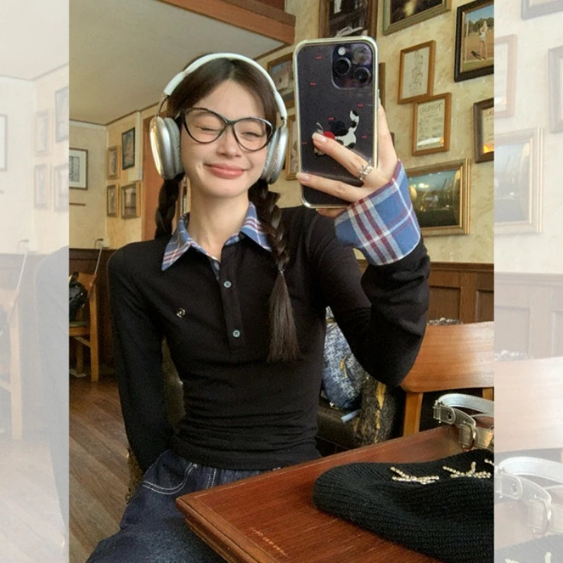 Polo Neck Plaid Patchwork Embroidery T Shirts Spring Autumn Fake Two-piece.