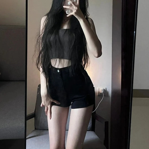 Black High-Waist Skinny Jeans Shorts for Women Trendy Slimming Booty.