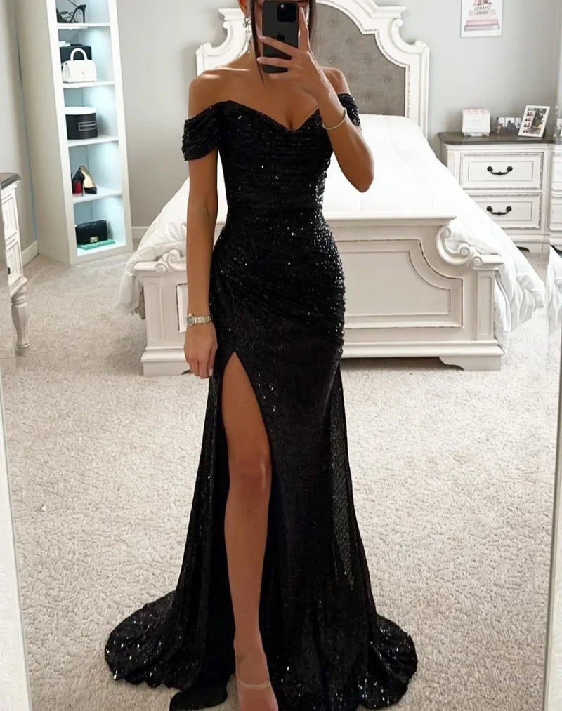 New Party Sequins One line Neck Split Dress INS Casual Versatile Fashionable Charming Slimming Dress.