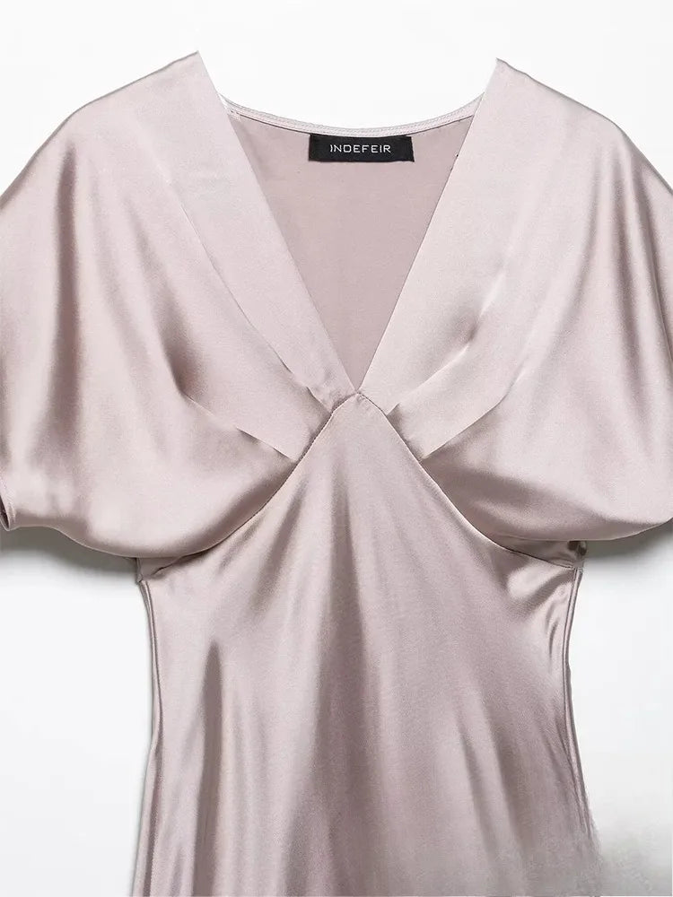 Women’s Sexy V Neck Satin Long Dress.