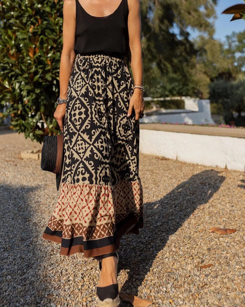 Women's Elastic Waist Printed Large Swing Skirt, Boho Spliced Midi Skirt.