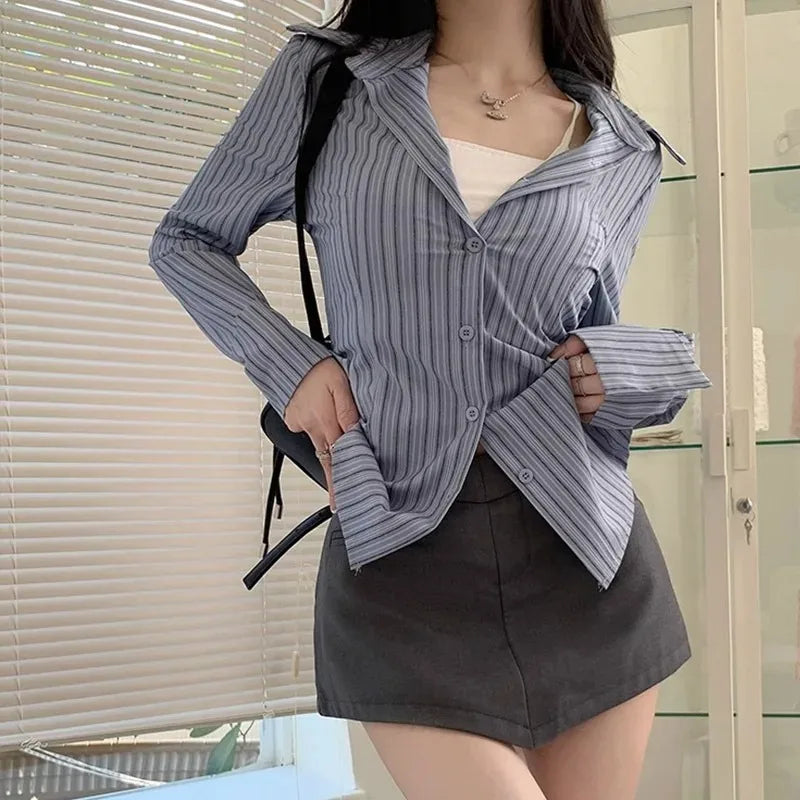 Korean New Blue Striped Long Sleeve Shirt Woman Office Buttons.