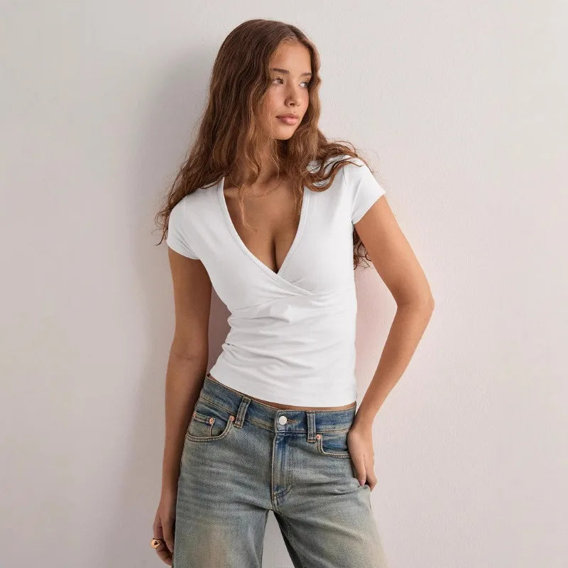 Women's T-Shirt Solid-Color Slim-Fit V-Neck Short-Sleeve Top Y2k .