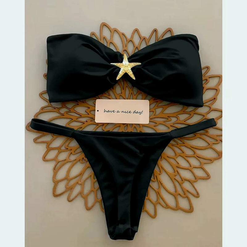 Sexy Bandeau Bikini Set Women Sky Blue Starfish Ornament Push Up.