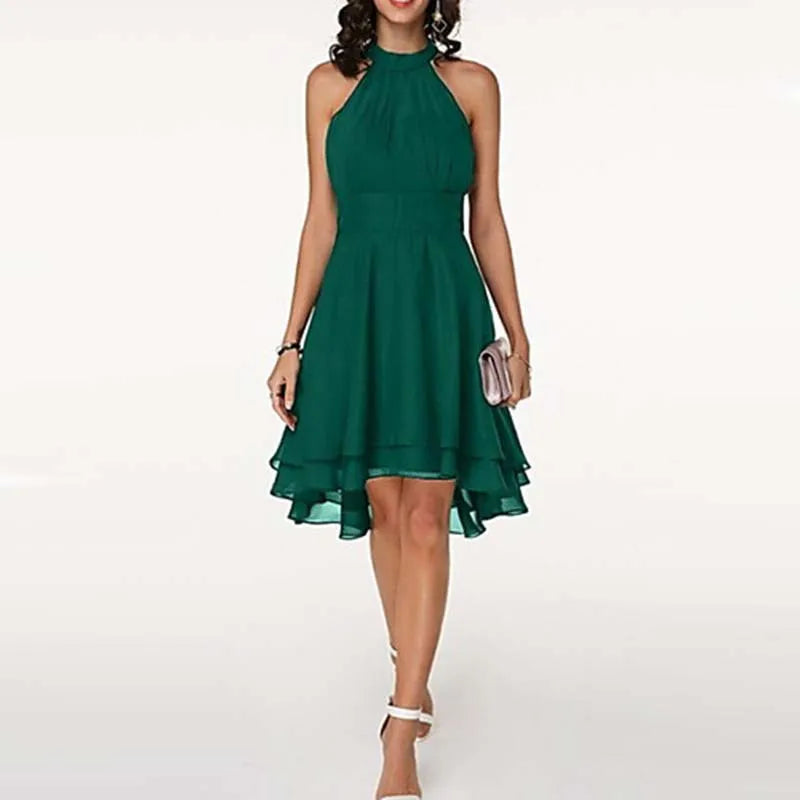 Women’s Elegant Dress Summer Solid High Waist Halter Sleeveless Midi Dresses.