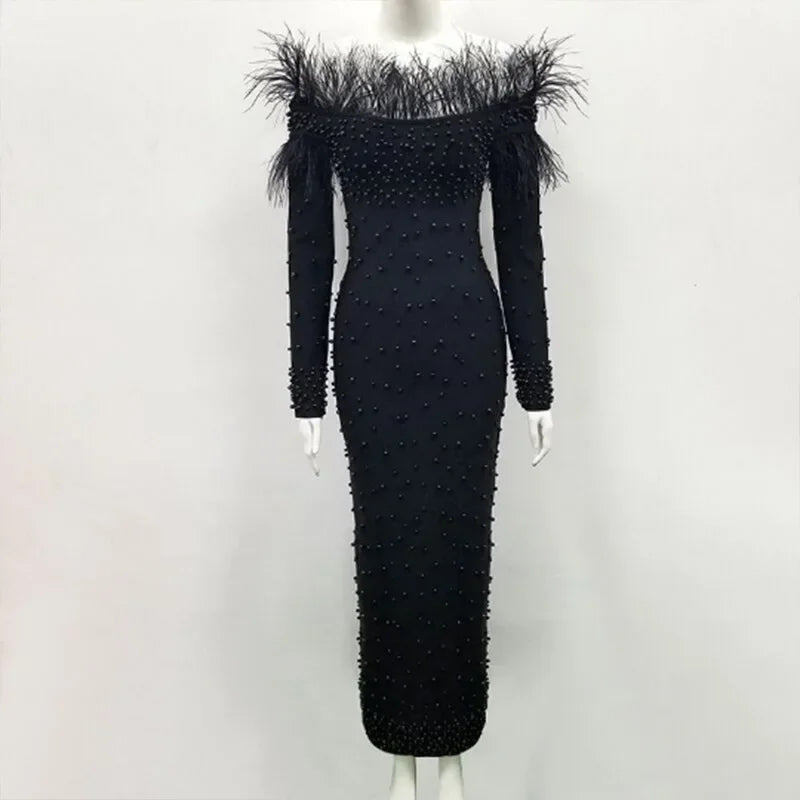 Feather White Dress Party Women Pearls Long Night Dresses.
