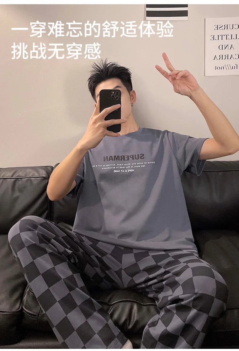 Summer Knitted Plaid Cool Mens Pyjamas Pajamas Casual Pjs Lounge Sets.