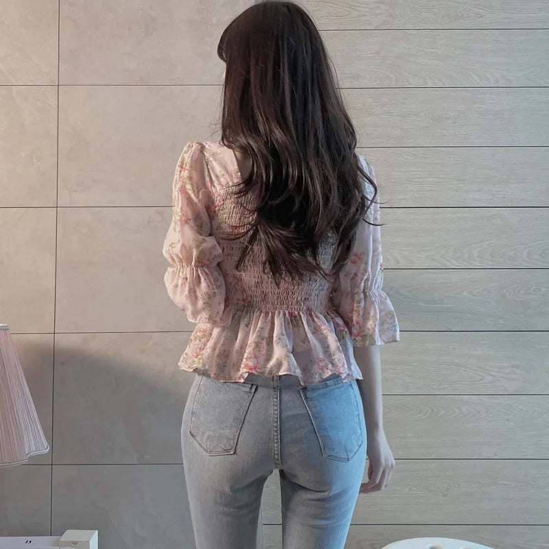 Blouses Women Slim Floral Print Lantern Sleeve Elegant Female.