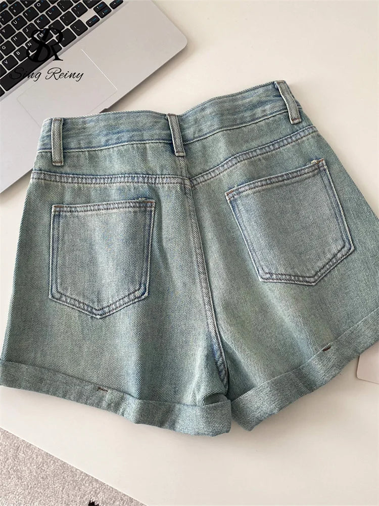 SINGREINY Beading Denim Streetwear Shorts Ladies Slim.