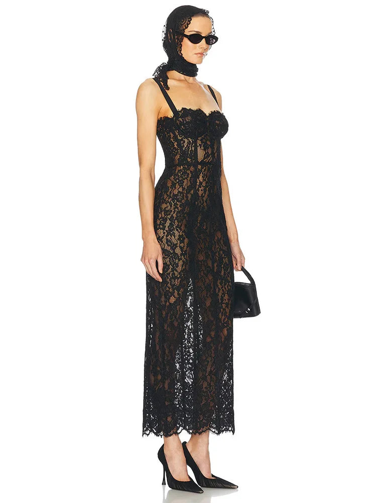 Sexy Spaghetti Strap V Neck Lace Long Dress Women.