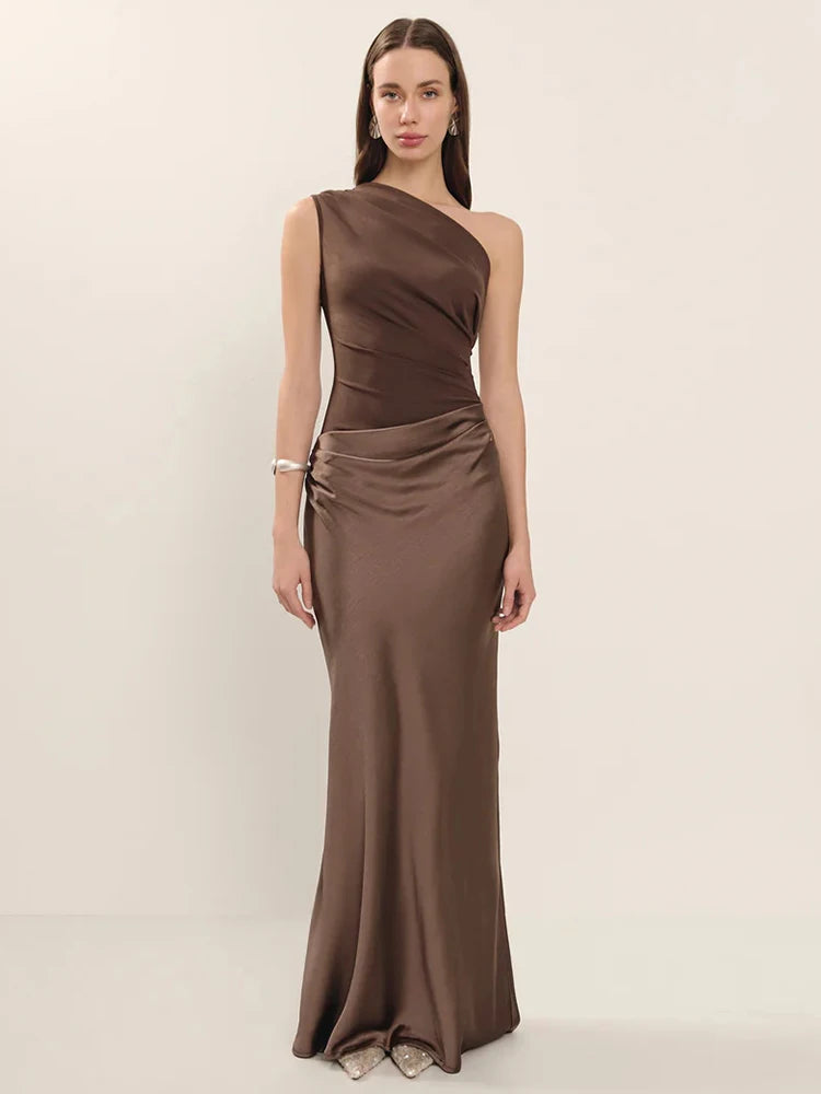 Women’s Mozision Satin Inclined Shoulder Sexy Maxi Dress.