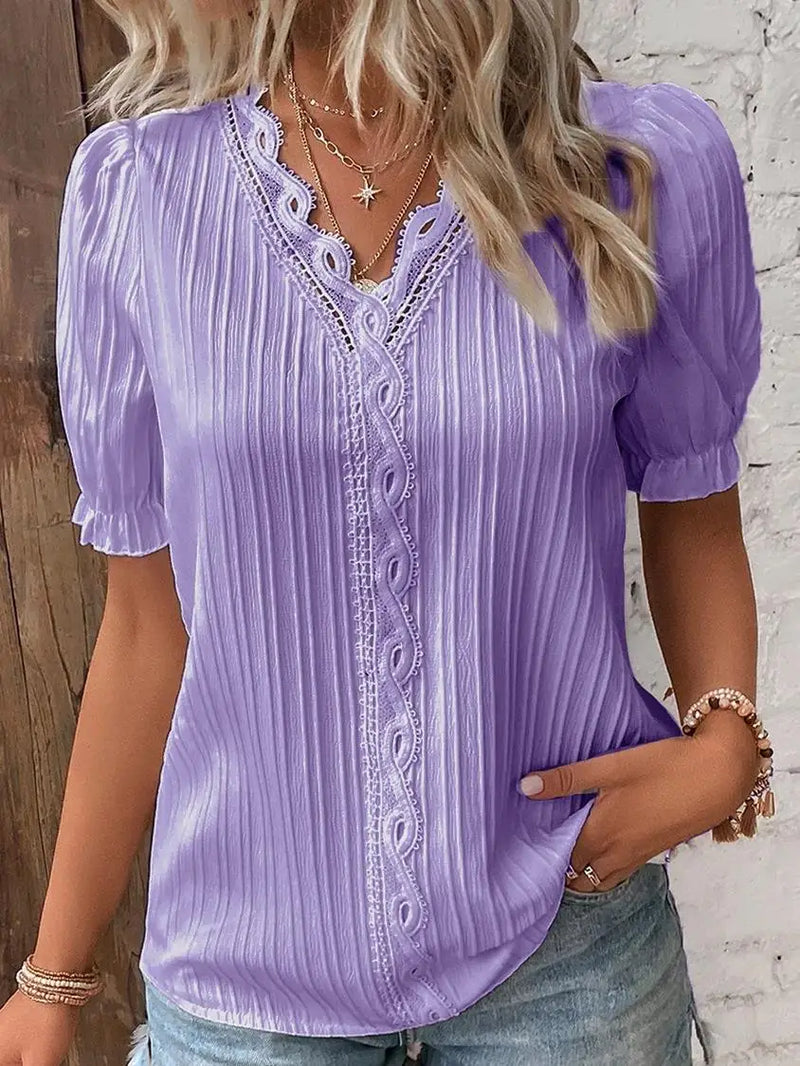 Elegant Women Blouse Shirt V Neck Lace Patchwork Short Sleeve Shirts.