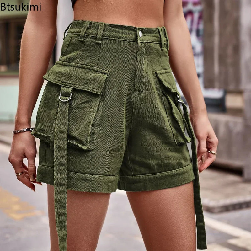Women's Summer Jeans Shorts High Waisted Wide Leg Denim Pants.