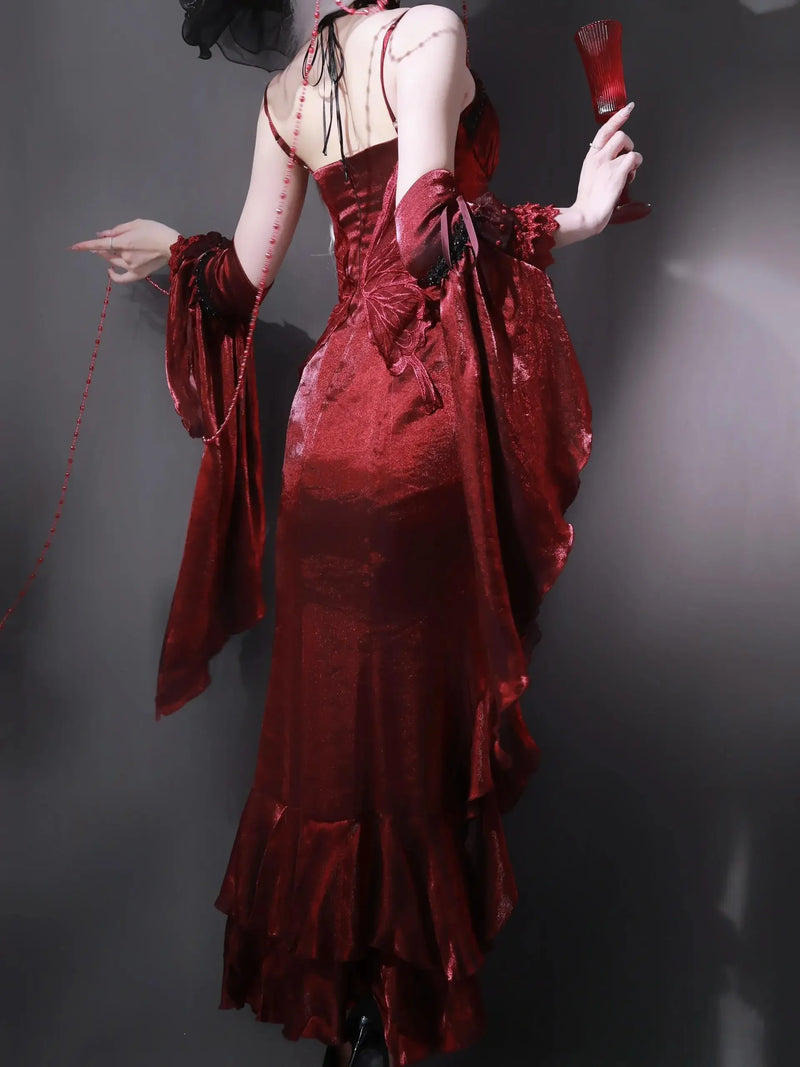 Women’s Red Rose Lolita Slimming Long Asymmetrical Fishtail Dress.