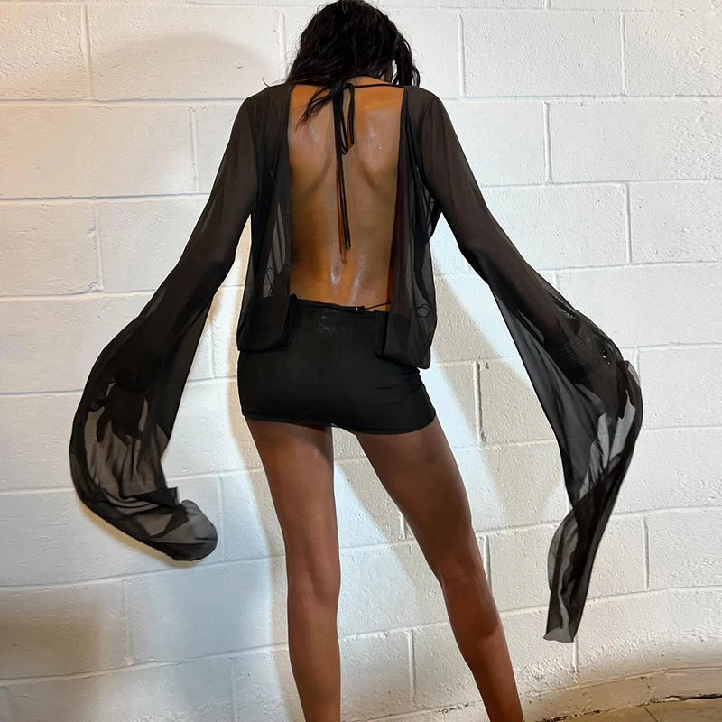 Women’s Mesh Irregular  Mini Dress Sexy See Through Chic.