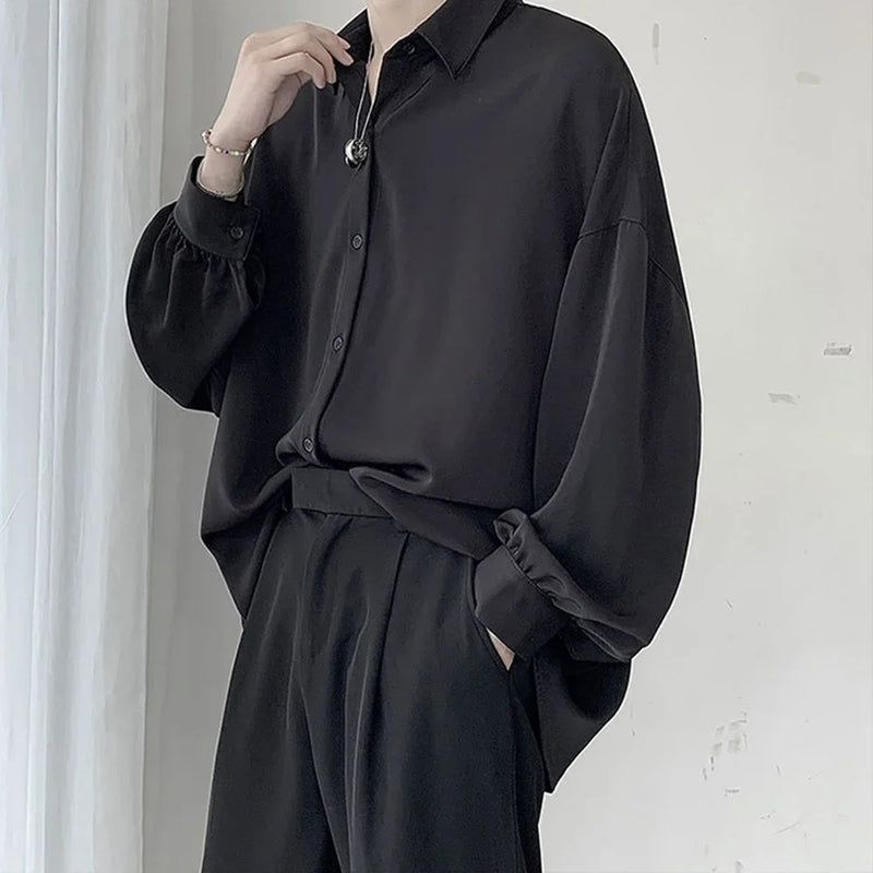 Korean Style Men's Long-sleeved Shirts Black Tie Cozy Casual.