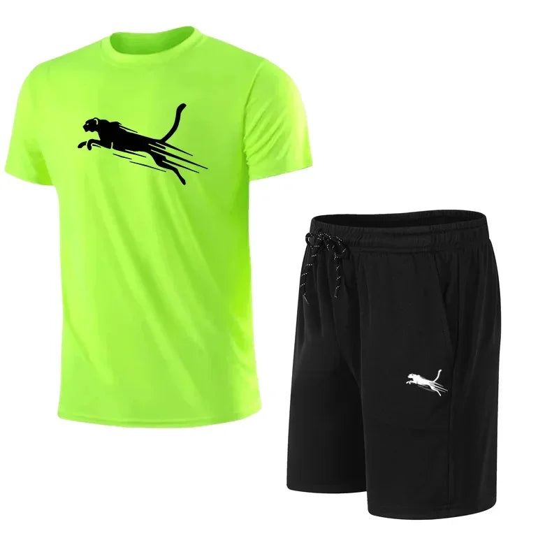 Summer Men's Running Set Cheetah Print Casual T-shirt And Shorts Two-Piece.
