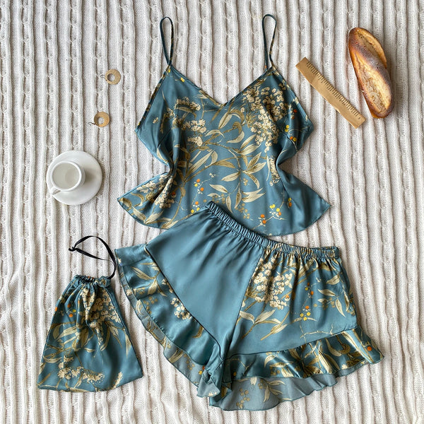 Women’s Elegant Floral Print Cami Tops Ruffle Hem Shorts Pajama Set.