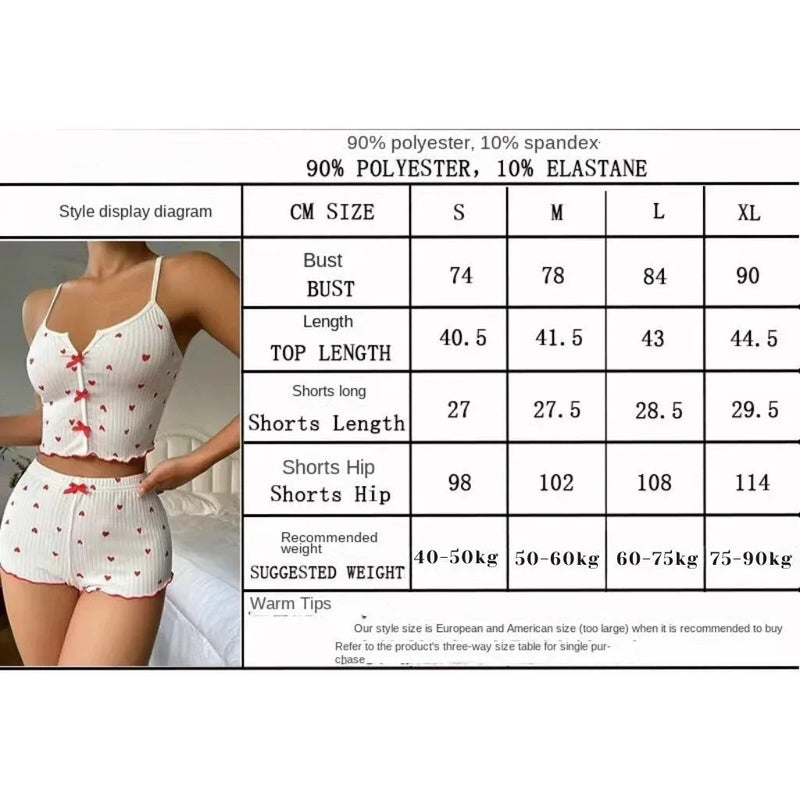 Sleepwear Women Pajamas Set Heart Print Soft Ribbed Fabric with Flirty Frill.