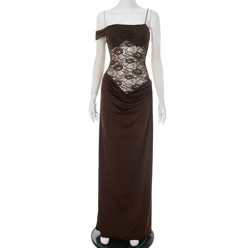 Women’s Mozision One Shoulder Lace See Through Sexy Maxi Dress.