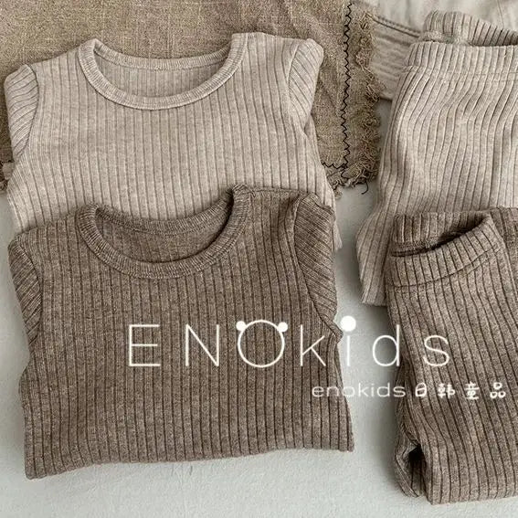 Kids Girls 2PCS Pajamas Set Cotton Round Collar Ribbed.