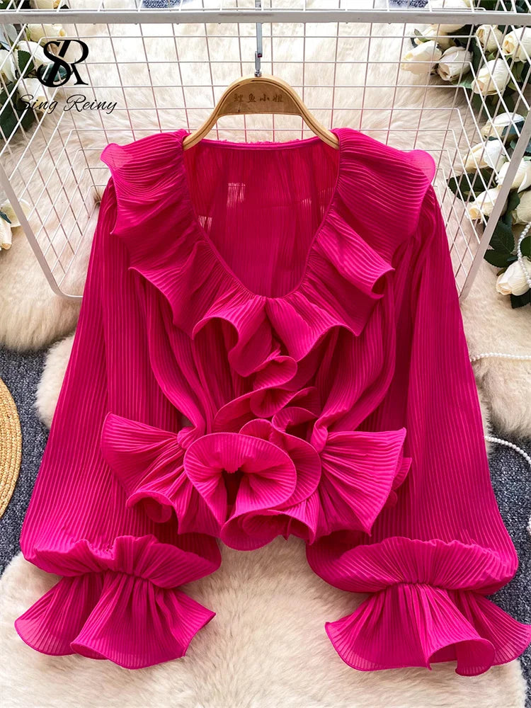 SINGREINY Ruffles Pleated Romantic Tops Thin Spring Summer V Neck.