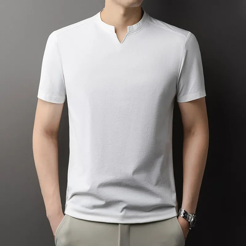 Korean Men's Casual and Fashionable Small V-neck Solid Color Short Sleeved T-shirt.