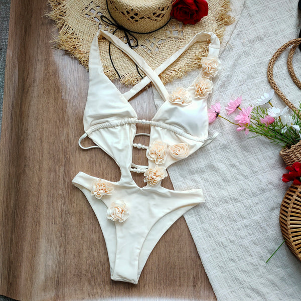 3D Flowers One Piece Swimsuit Women Solid Sexy Hollow Out Swimwear.
