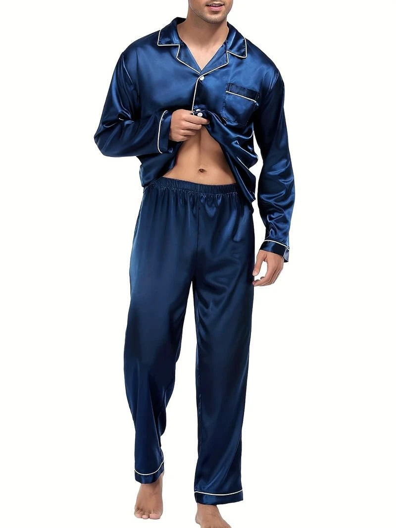 Men's Satin Pajama Set For Men Long Sleeve Button-down Top.