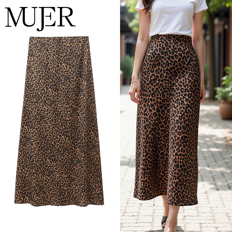 Leopard Print Long Skirt Woman High Waist Midi Skirts for Women.