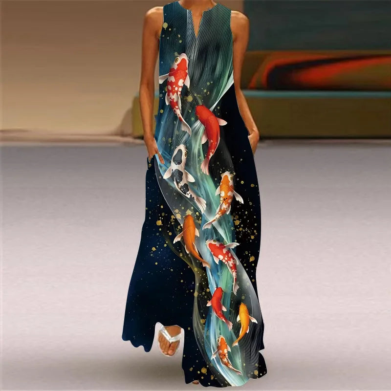 Vintage Print Maxi Dress For Women.
