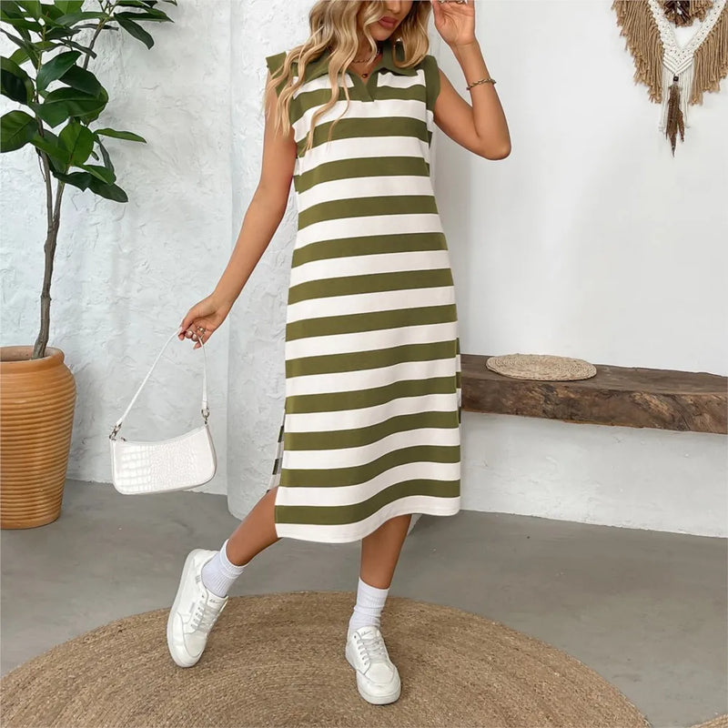Women's Striped Pocket Lapel Sleeveless Long Dress Fashion.