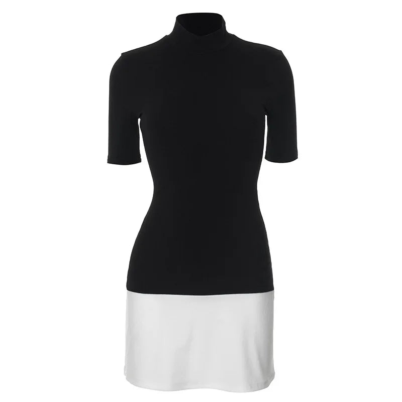 Talenza Elegant Contrast Color Mini Dress Women's Sexy High Neck Short.