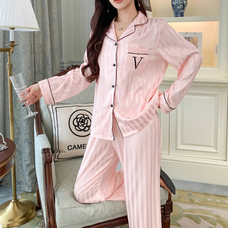 Women's Ice Silk Pajama Set Long Sleeve Long Pants Lightweight Sleepwear.