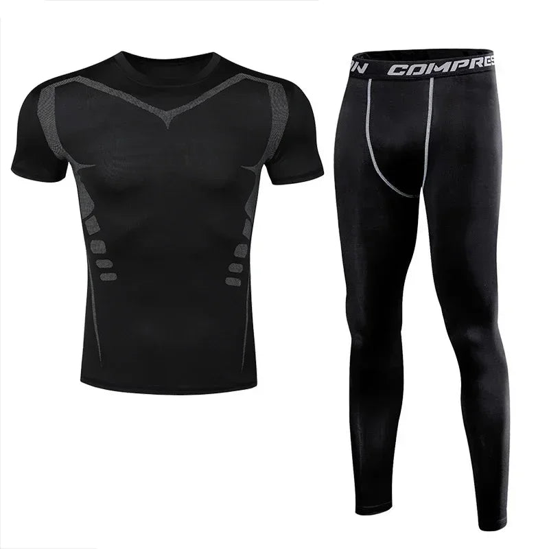 Men Sports Running Set Compression Shirt + Pants Skin-Tight Long Sleeves.